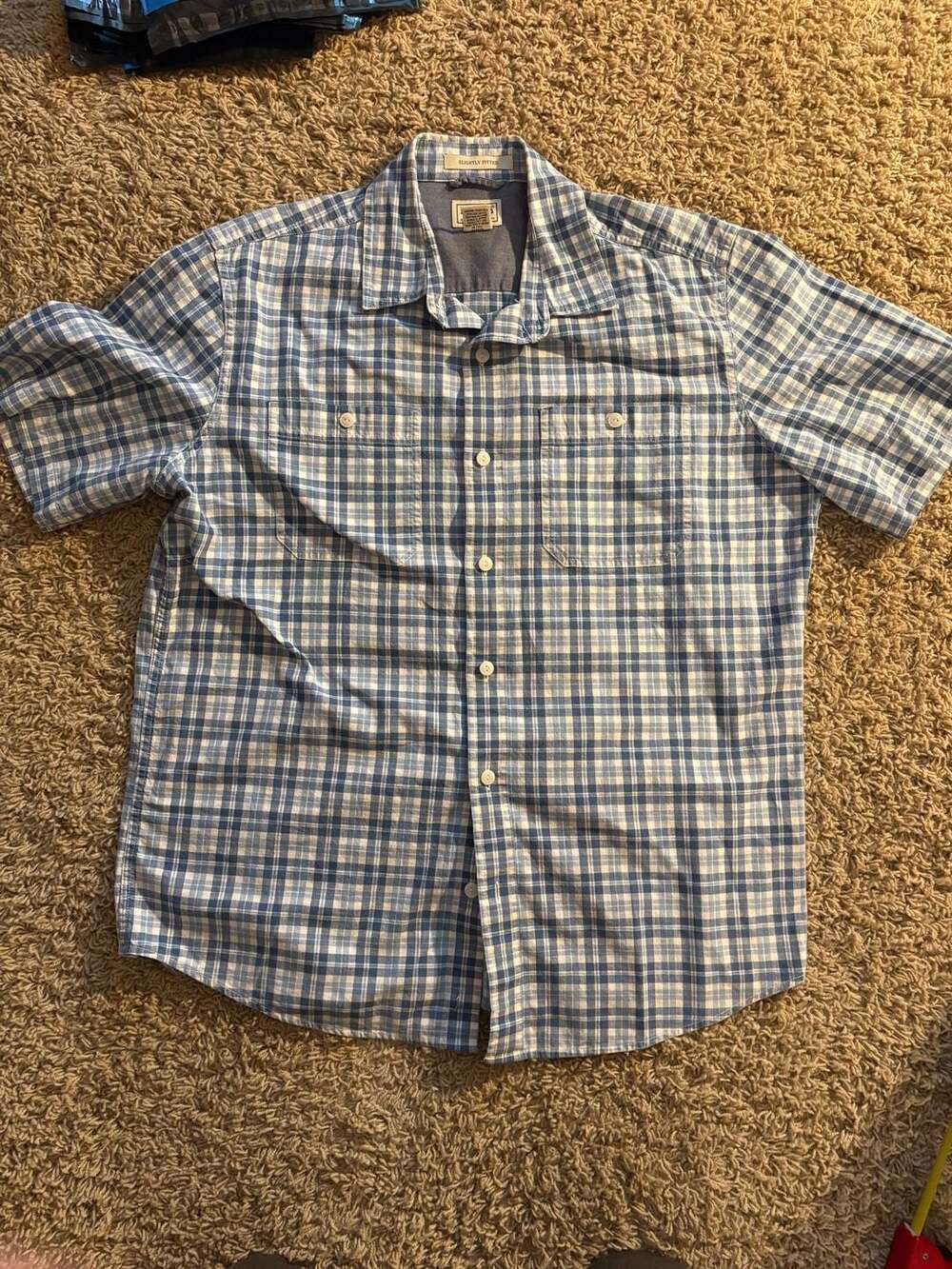 L.L.Bean Short Sleeve Plaid Shirt Size L-Reg Blue Slightly Fitted